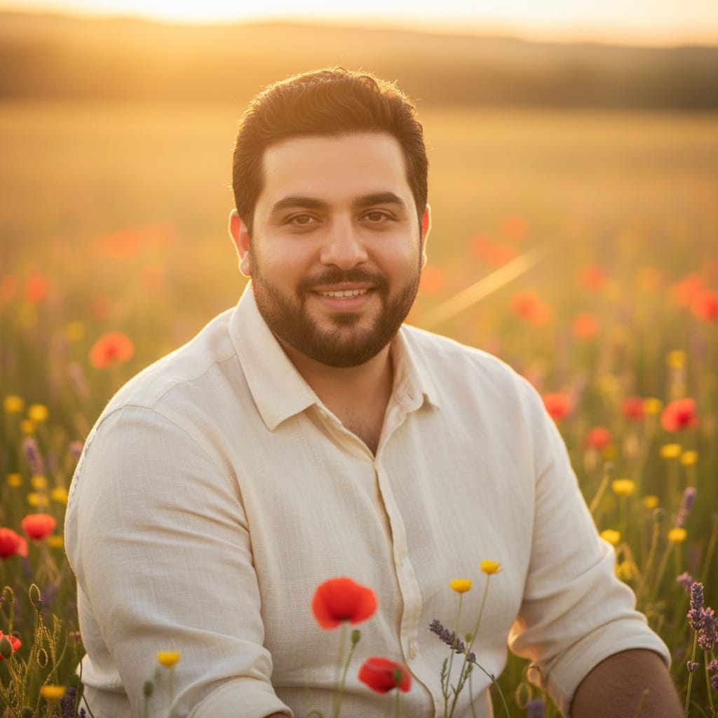curve middle_eastern man golden hour meadow portrait 87497367