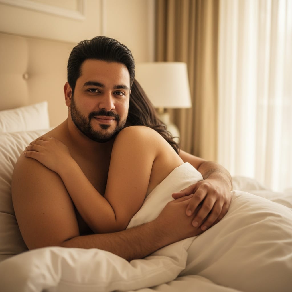 curve middle_eastern man intimate bedroom soft light 20833763