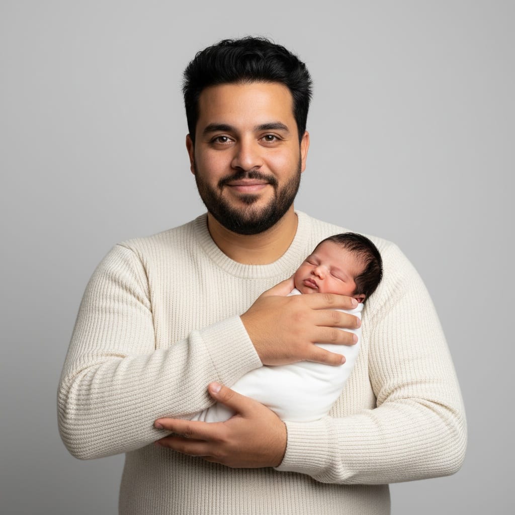 curve middle_eastern man newborn in arms standing portrait 32453949