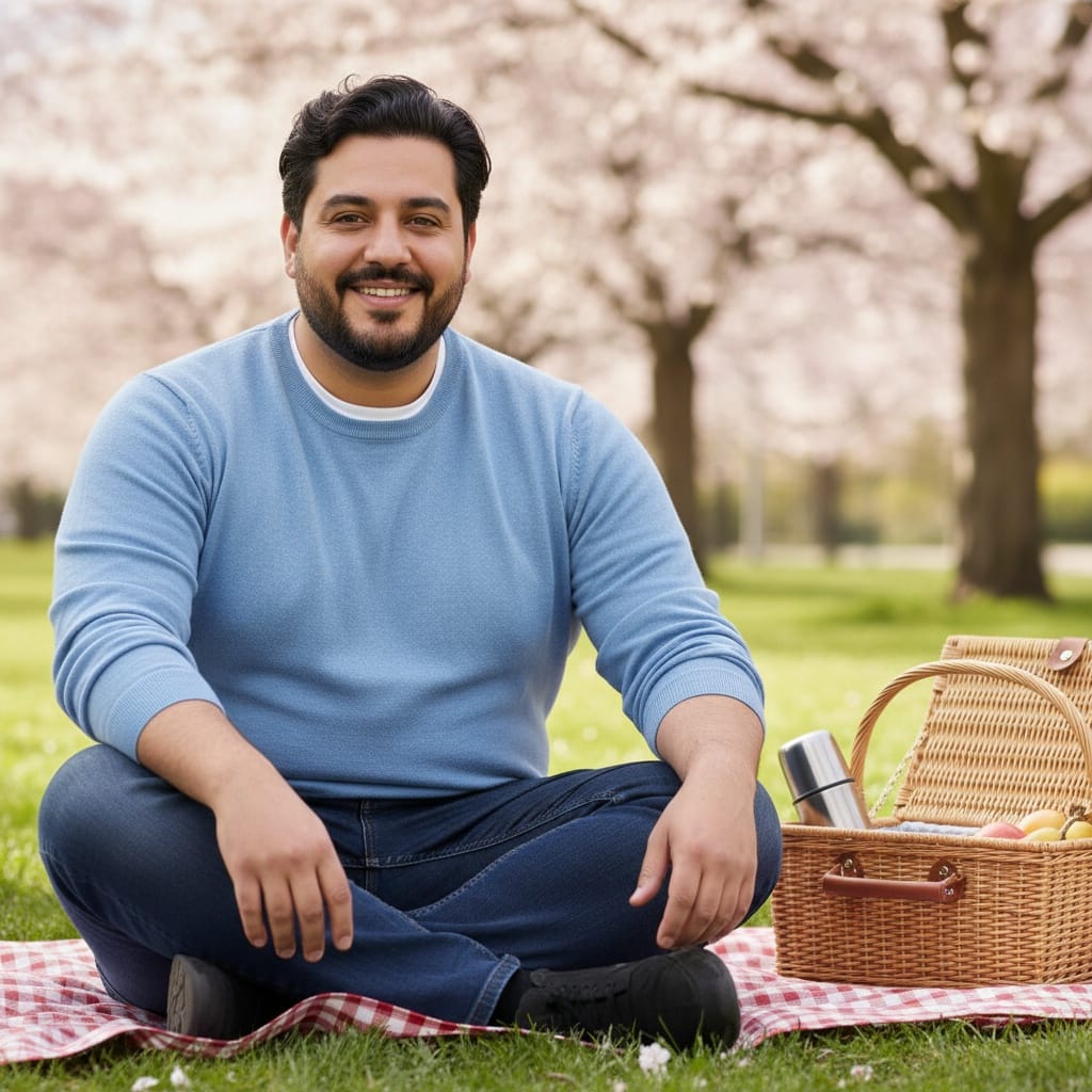 curve middle_eastern man picnic blanket spring scene 86904977