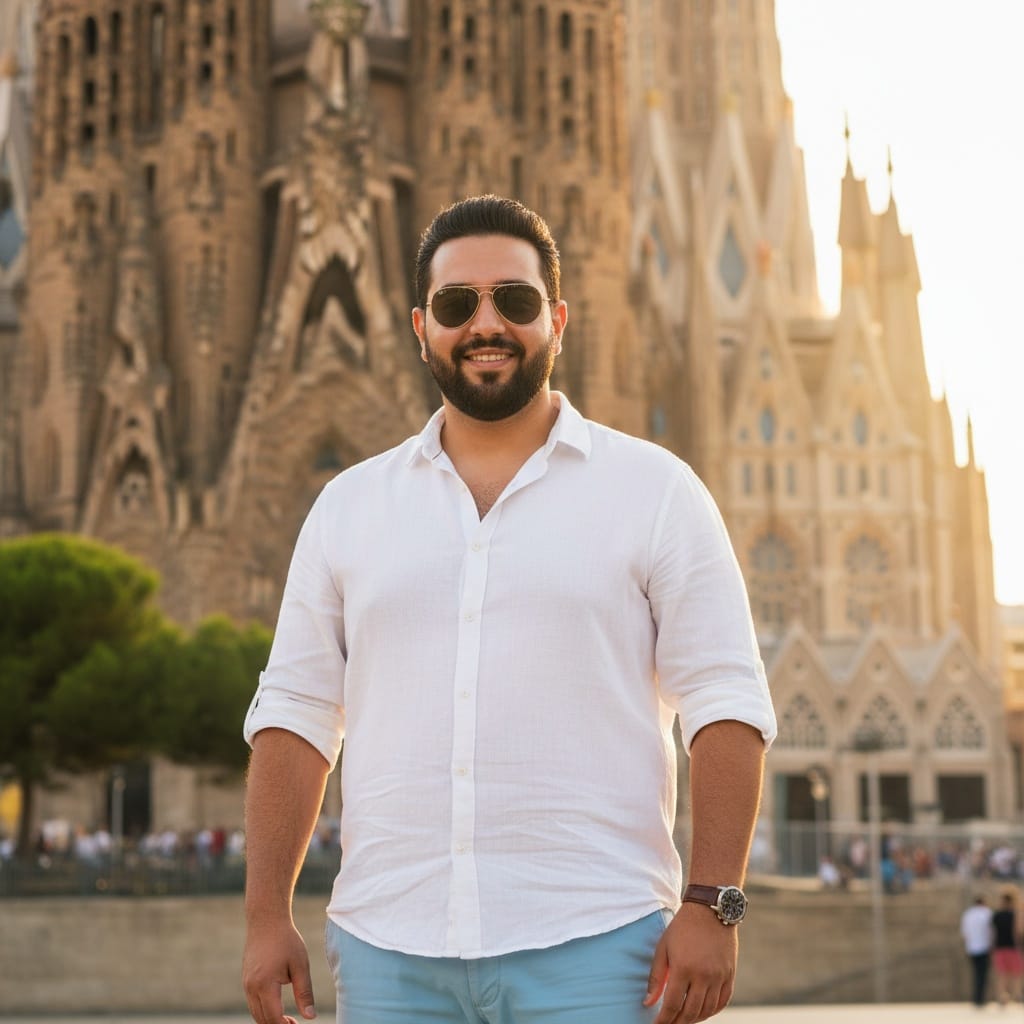 curve middle_eastern man sagrada familia exterior portrait 84939277