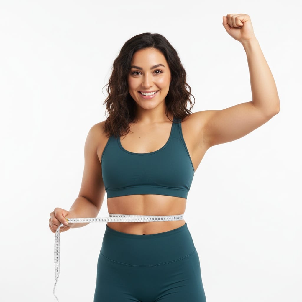 curve middle_eastern woman after measuring celebrating results 58559166