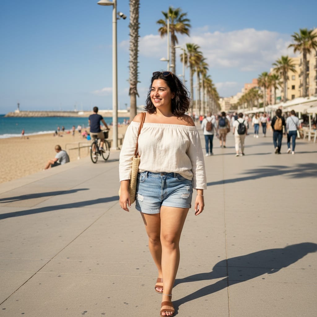 curve middle_eastern woman barcelona beach boardwalk 34880001