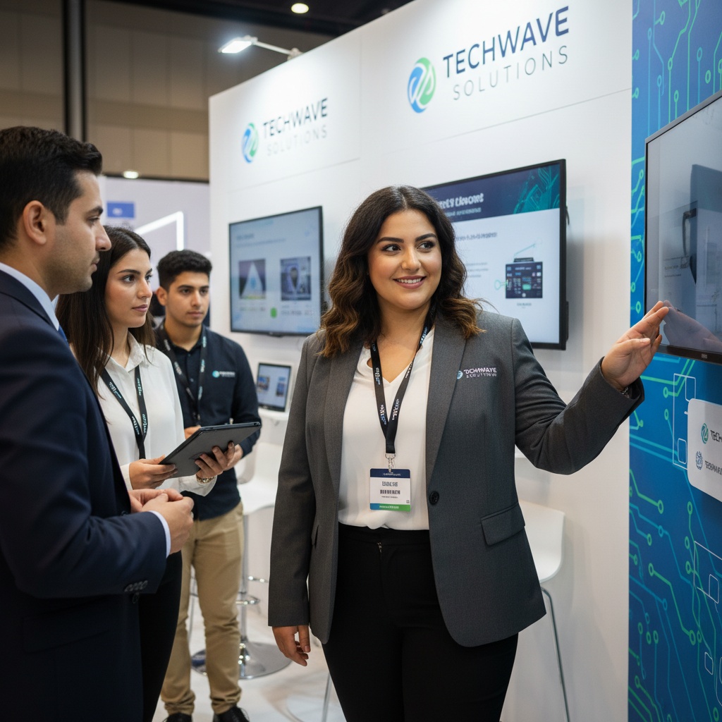 curve middle_eastern woman booth exhibitor interaction 84488767