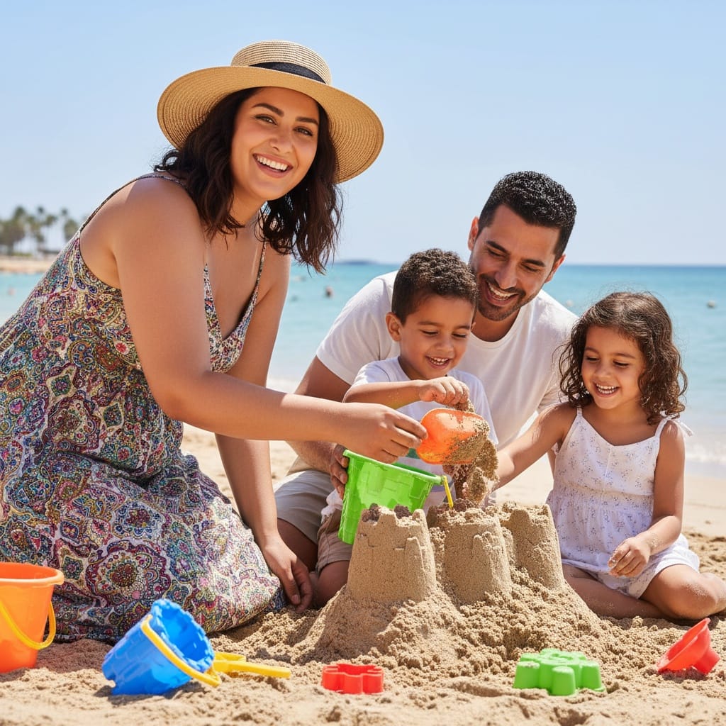 curve middle_eastern woman building sandcastle playful 88228773