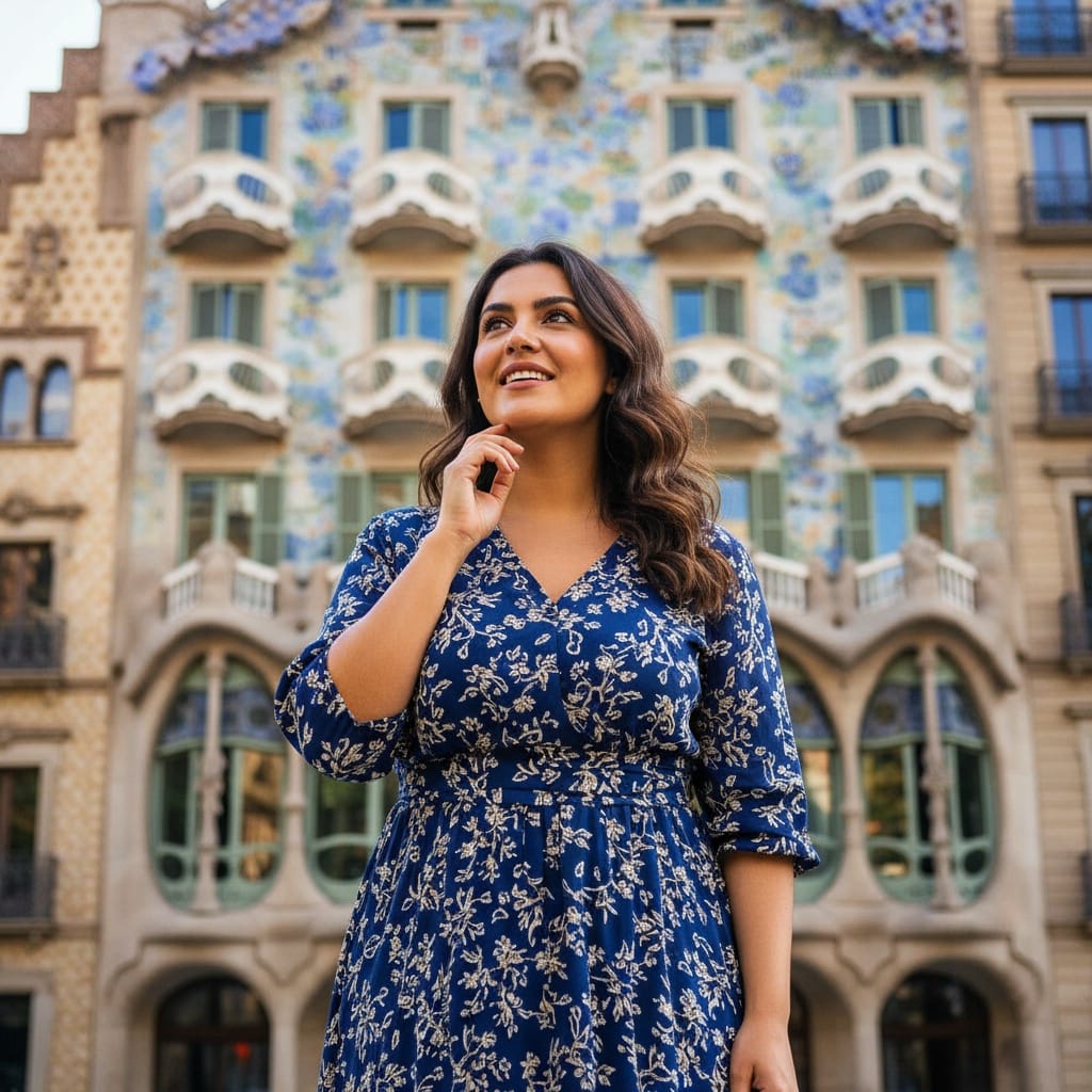 curve middle_eastern woman casa batllo balcony facade 90152464
