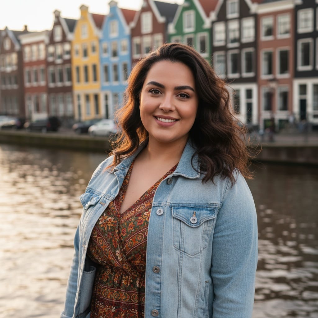 curve middle_eastern woman colorful canal houses backdrop 26944203