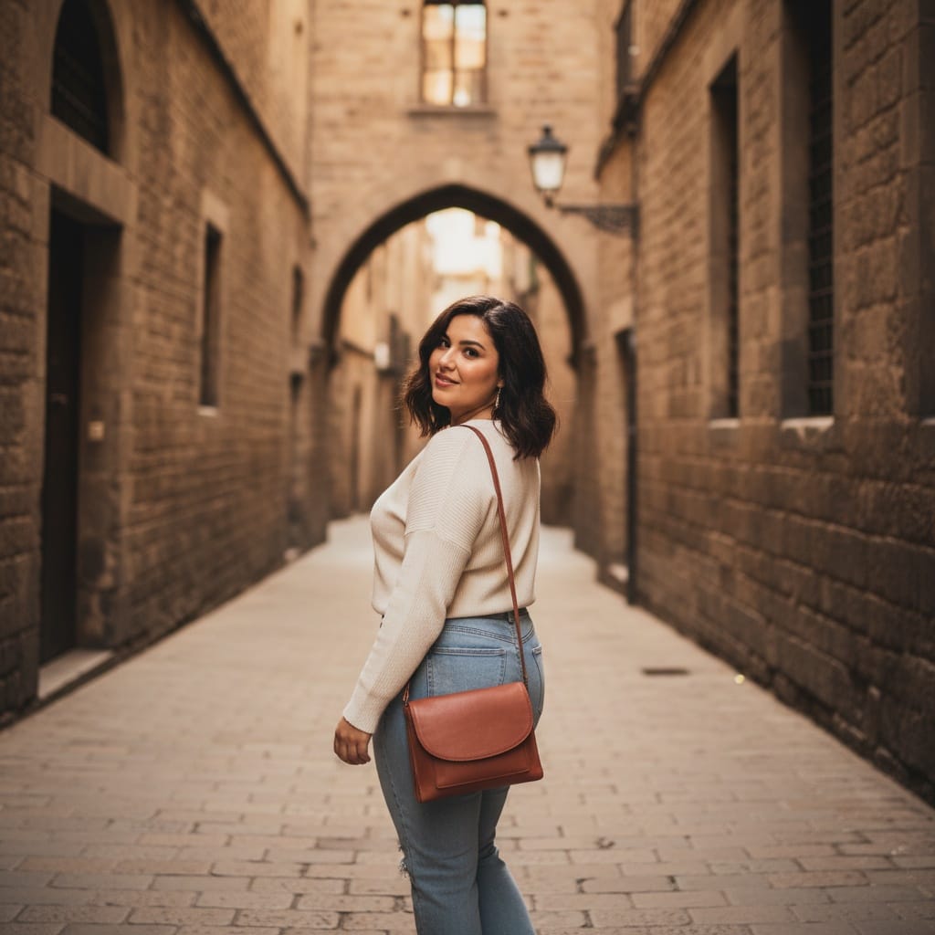 curve middle_eastern woman gothic quarter narrow street 93131940