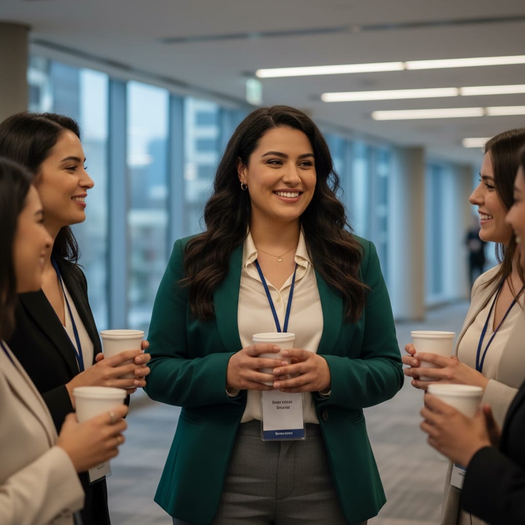 curve middle_eastern woman networking conversation standing 76259434