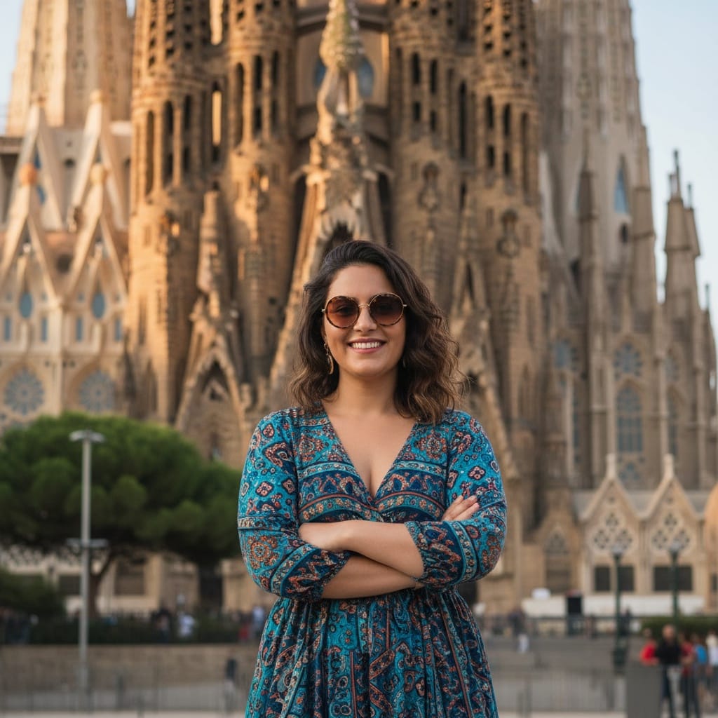 curve middle_eastern woman sagrada familia exterior portrait 62536338