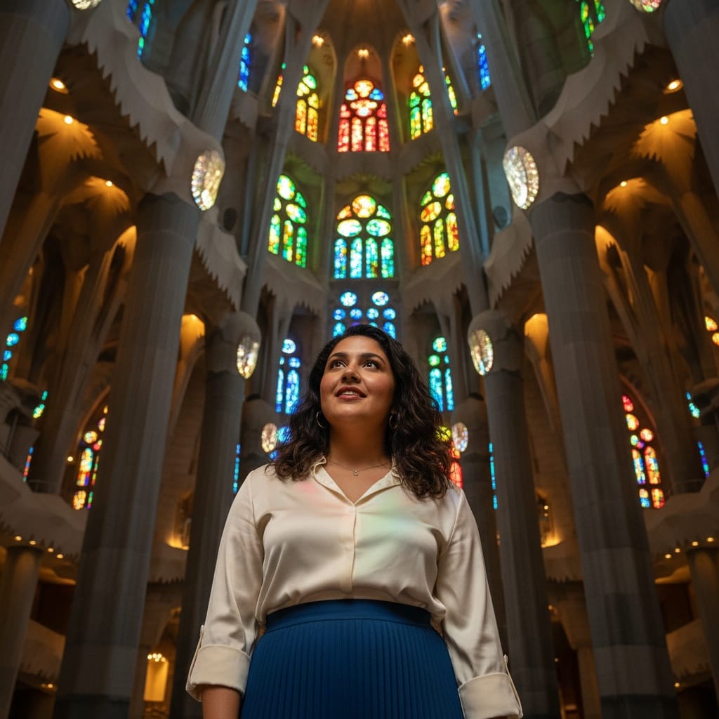 curve middle_eastern woman sagrada familia interior awe 35365330