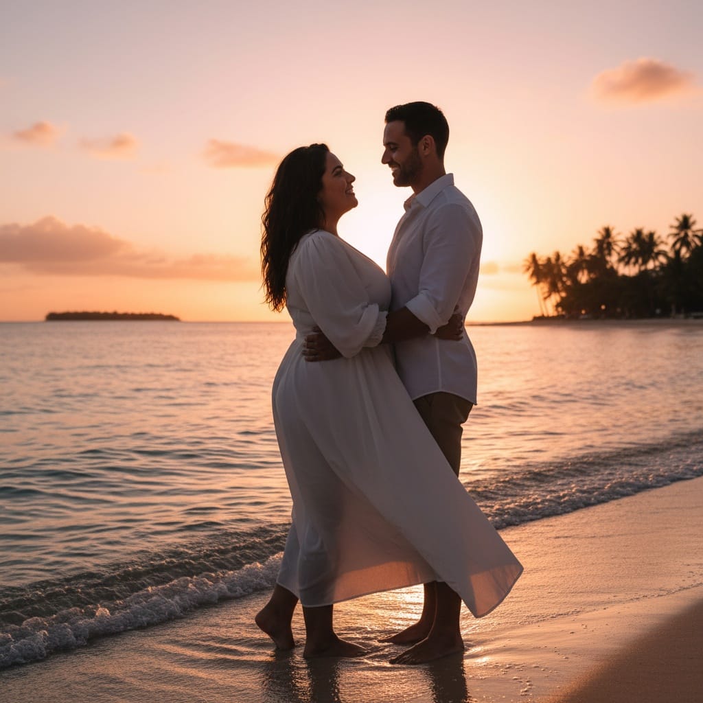 curve middle_eastern woman sunset beach couple portrait 45784411