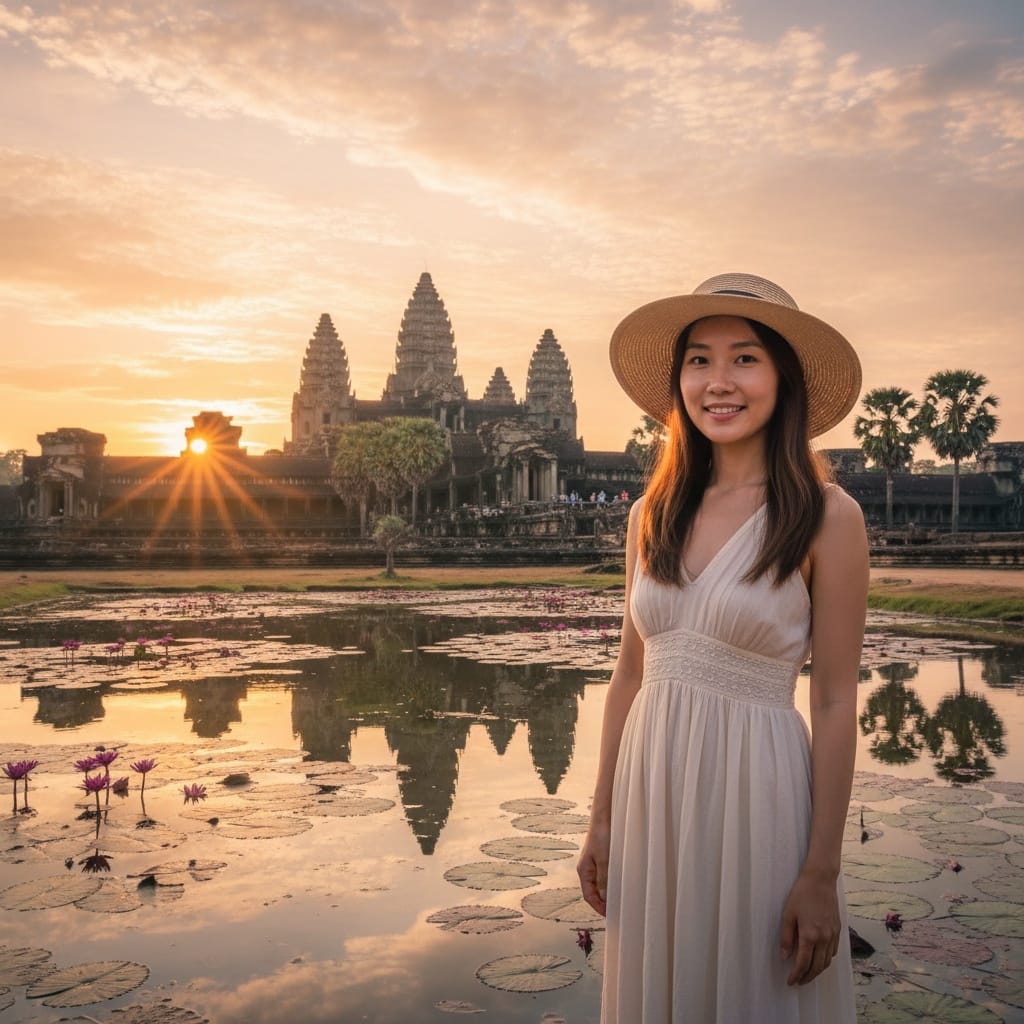 petite asian woman angkor wat sunrise temple entrance 37415573