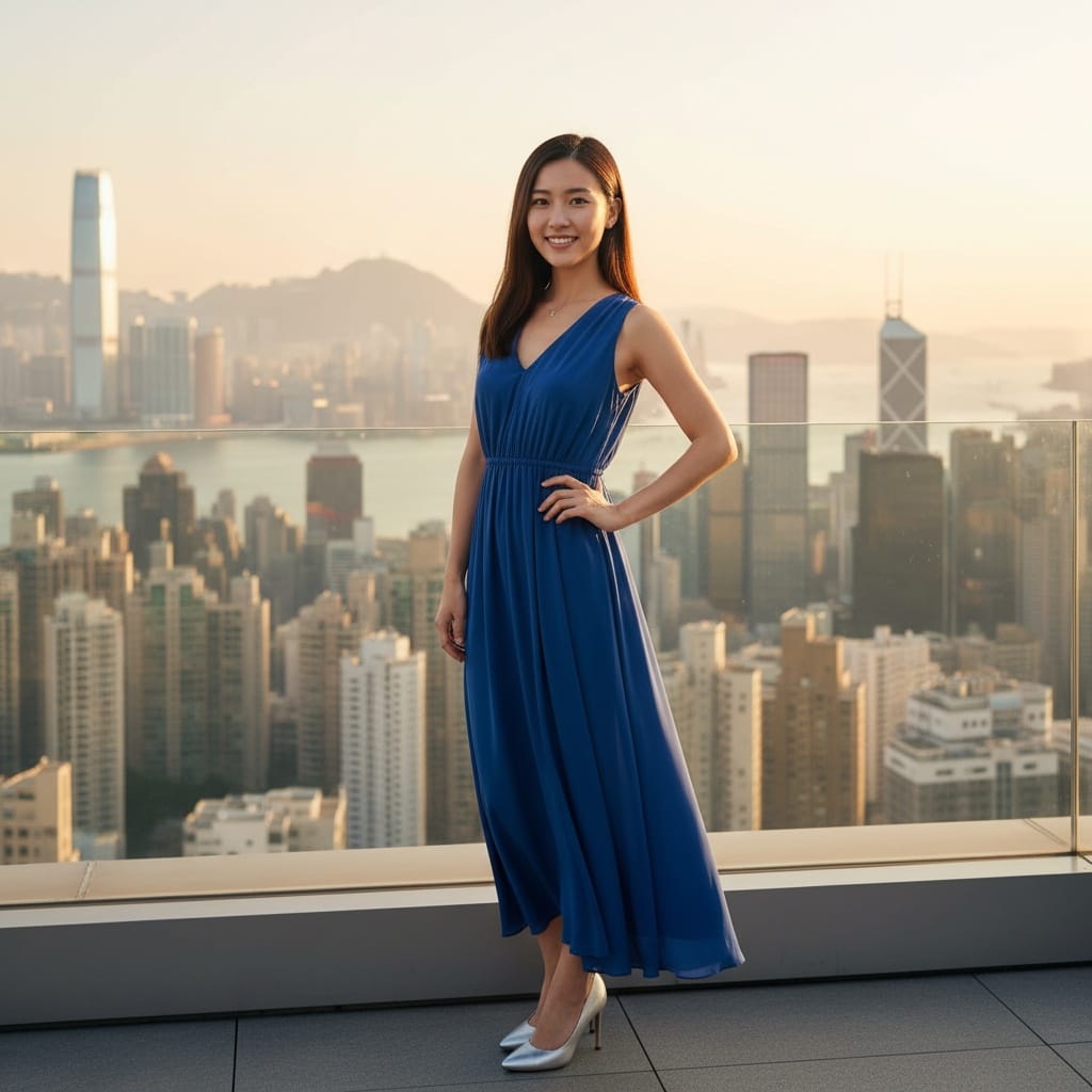petite asian woman victoria harbour rooftop portrait 55096705