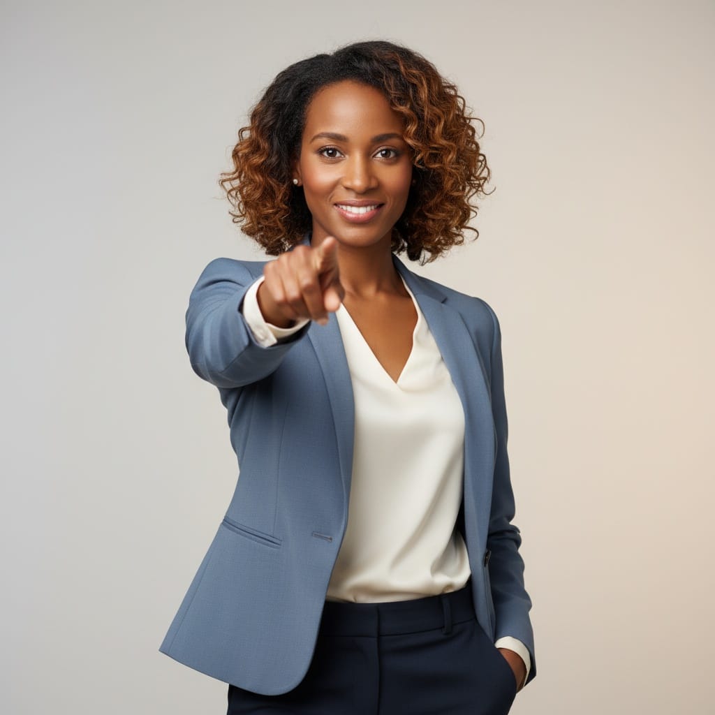 petite black woman pointing at camera direct connection 45602878