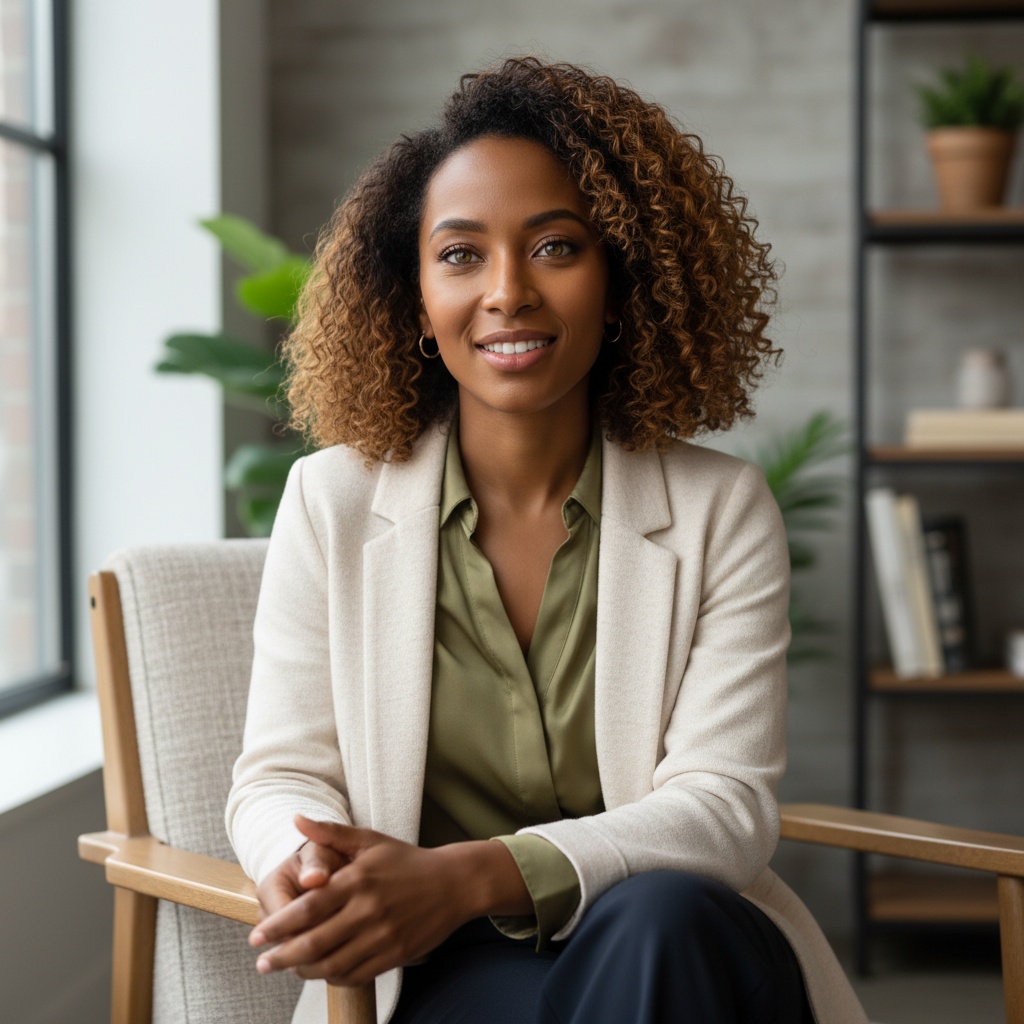 petite black woman relaxed sitting consultation pose 76025194