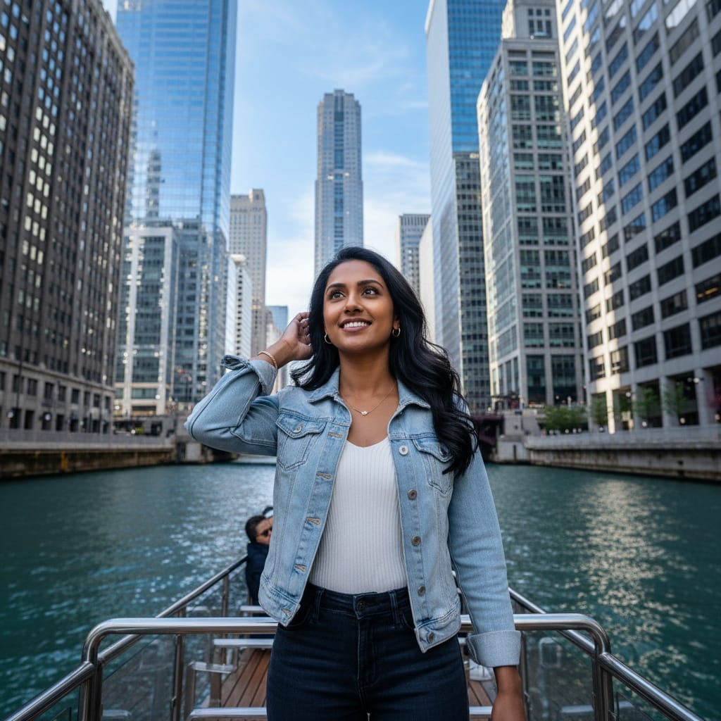 petite indian woman architecture tour boat perspective 12568008