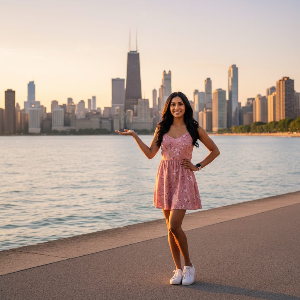 petite indian woman lakefront trail skyline panorama 38192807