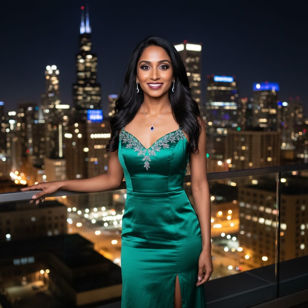 petite indian woman night skyline illuminated backdrop 59911098