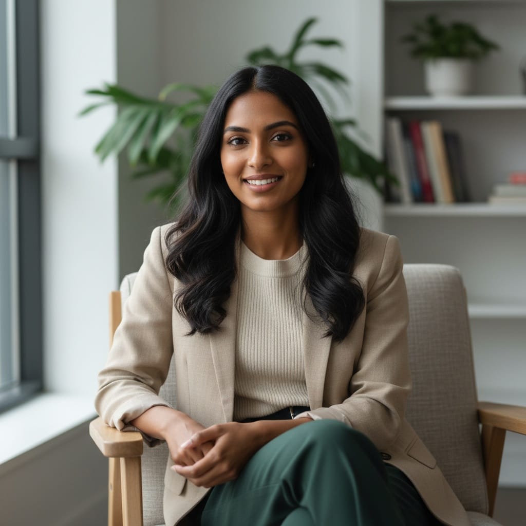 petite indian woman relaxed sitting consultation pose 72286093