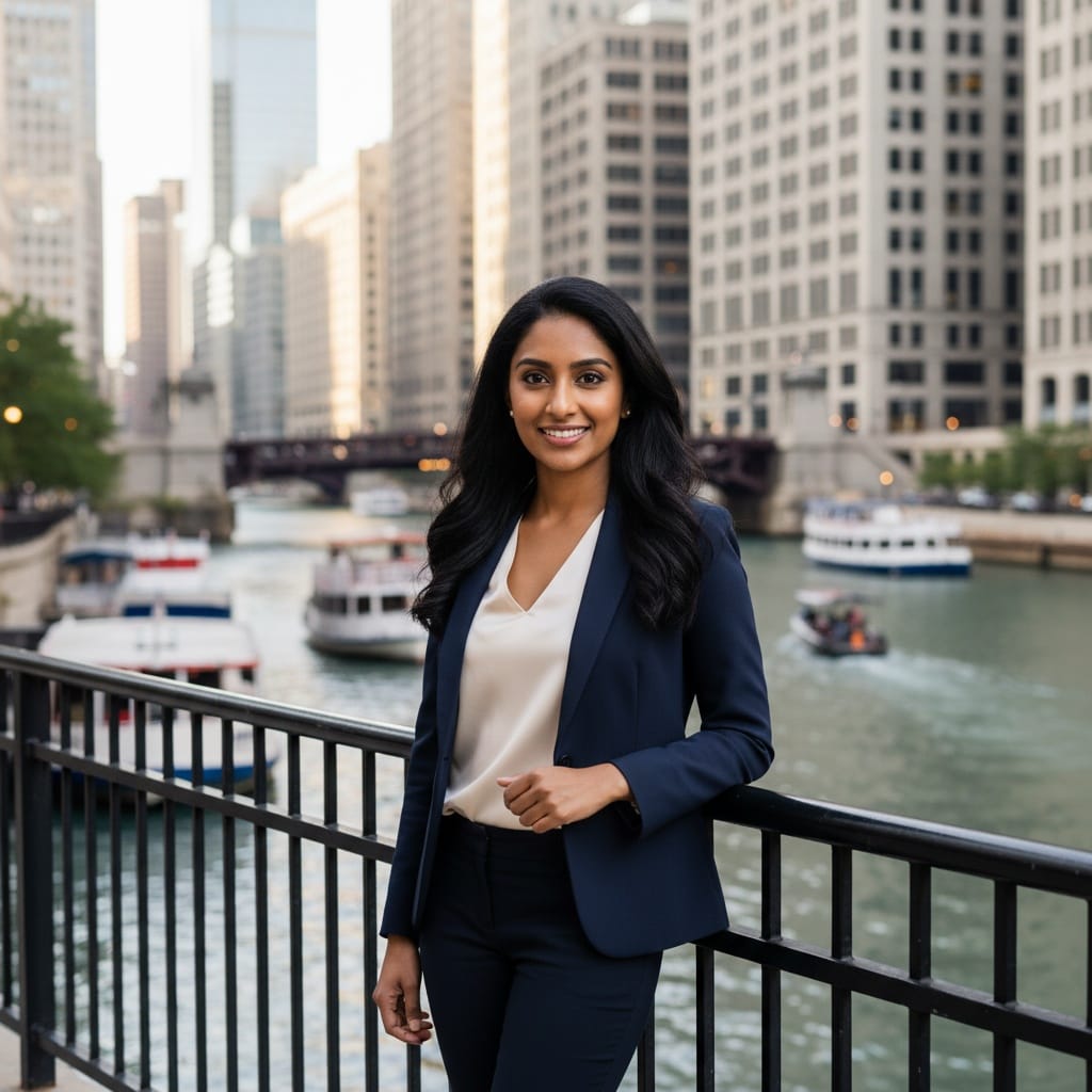 petite indian woman riverwalk architectural background 28150859