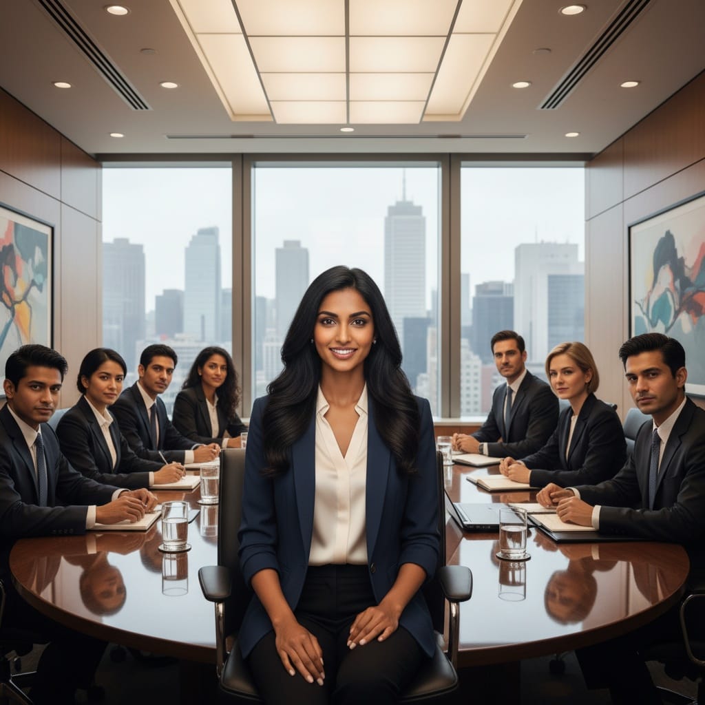 petite indian woman roundtable wide establishing shot 10636079