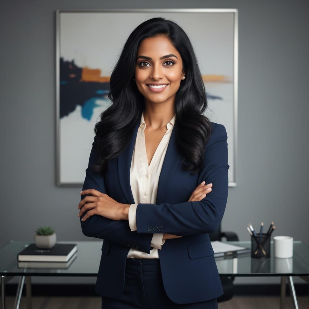 petite indian woman standing arms crossed confidence 51446161