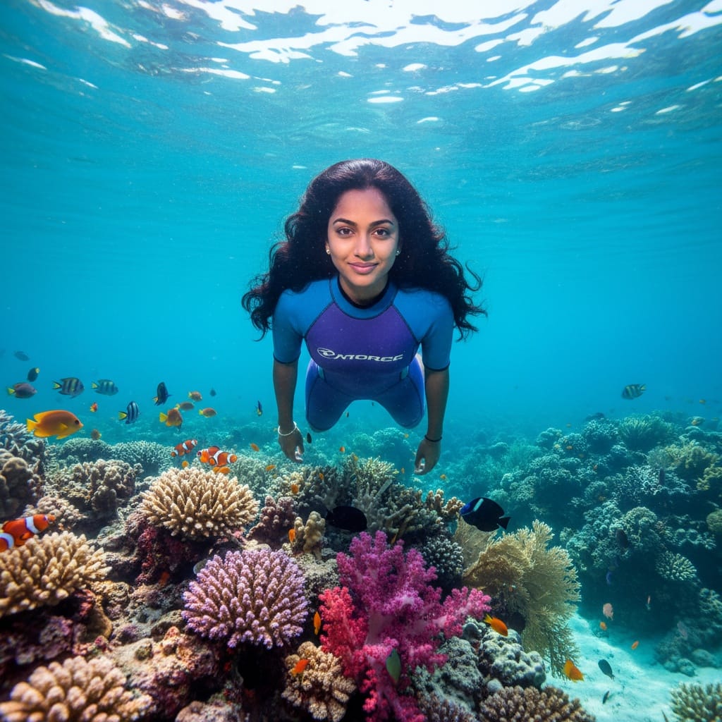 petite indian woman underwater coral snorkeling view 34714437