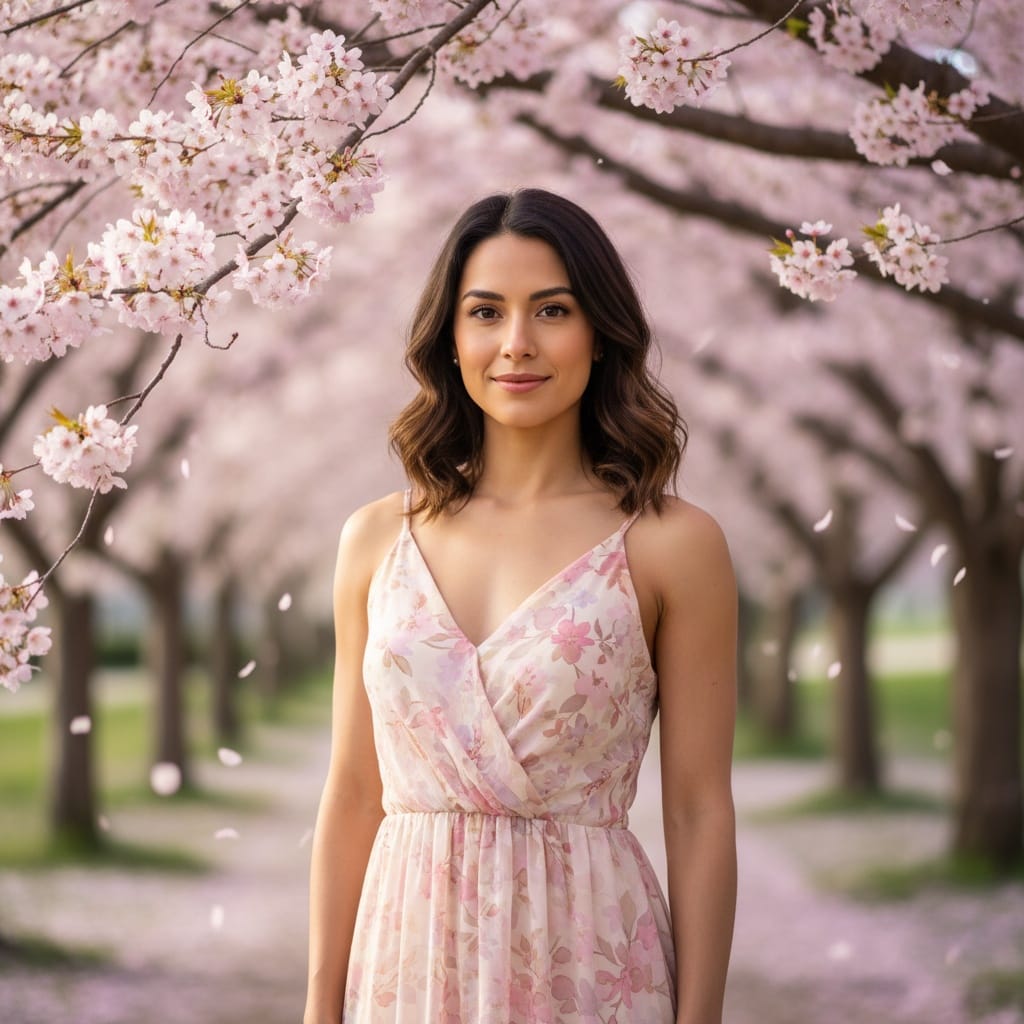 petite latino woman cherry blossom portrait soft focus 68771497