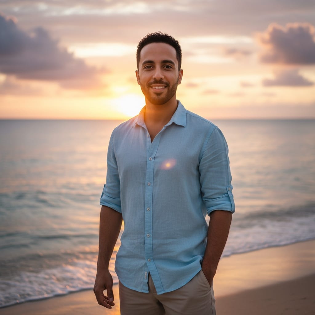 petite middle_eastern man beach sunset vacation vibes 10670458