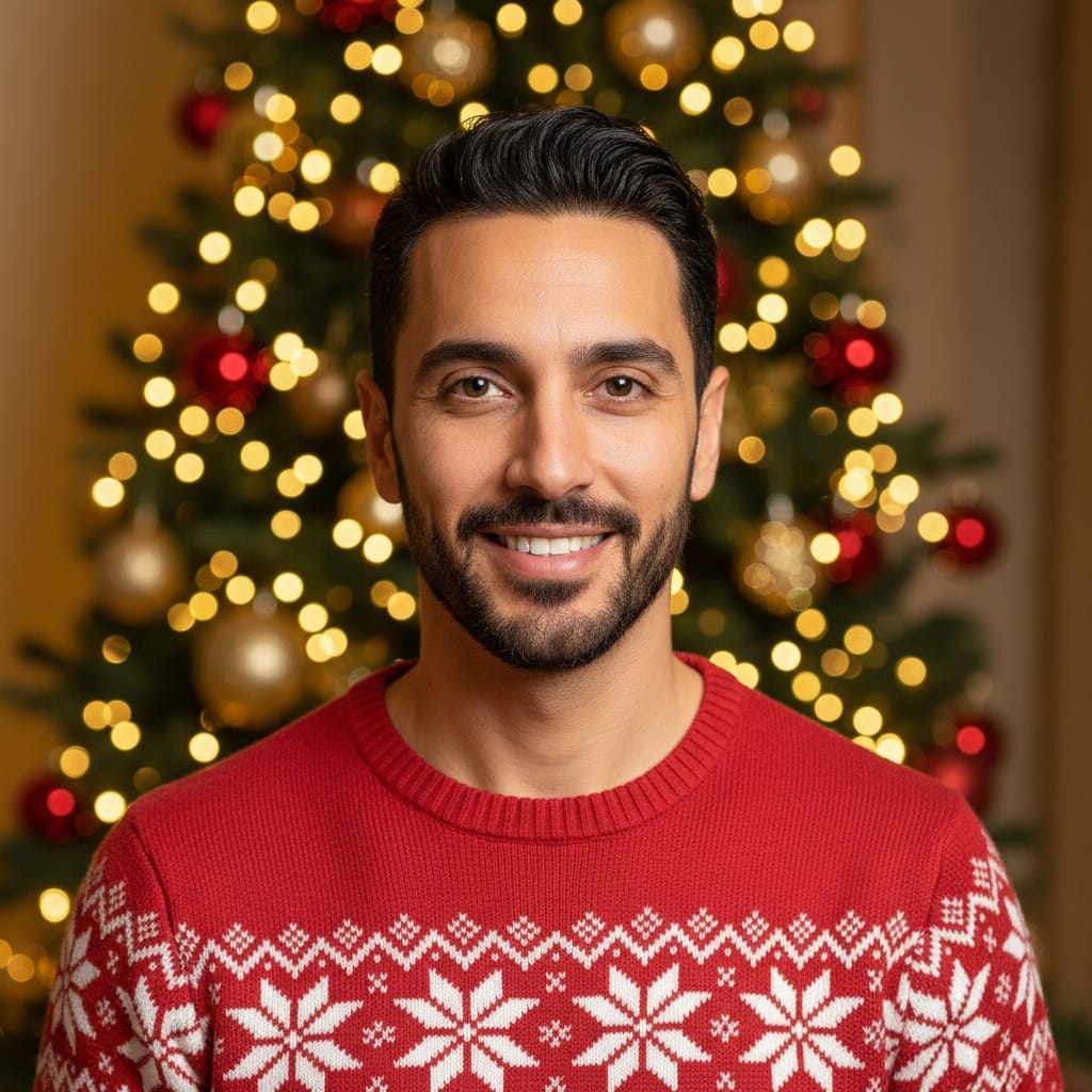 petite middle_eastern man classic christmas tree portrait 34400431