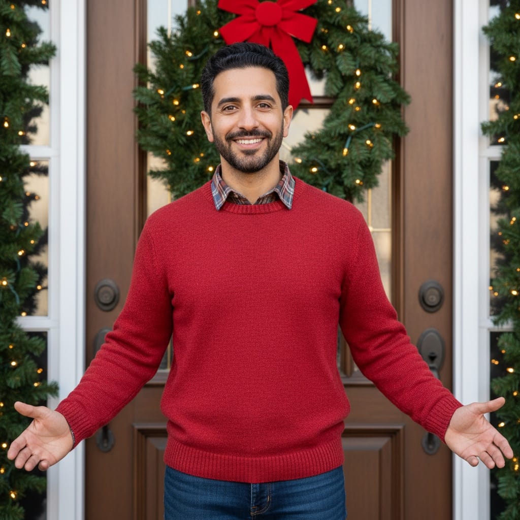 petite middle_eastern man festive front door greeting 44558561
