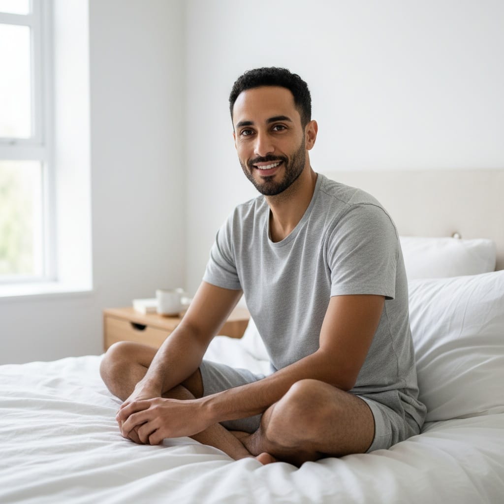 petite middle_eastern man home bedroom morning light 38078742