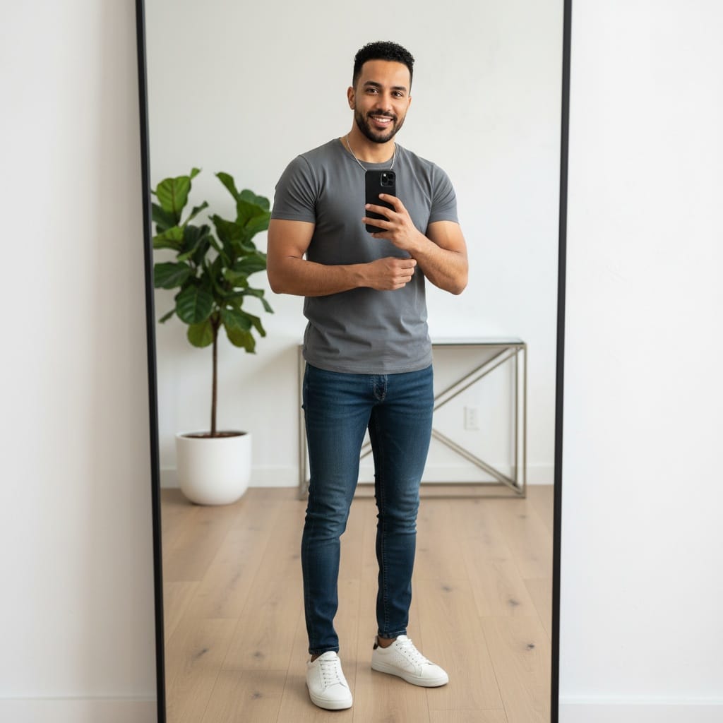 petite middle_eastern man mirror selfie style outfit 87688914