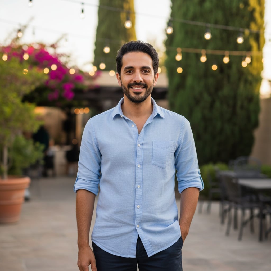 petite middle_eastern man outdoor venue scenic backdrop 24242660