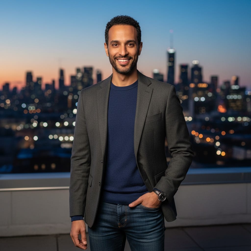 petite middle_eastern man rooftop city skyline evening 15419114