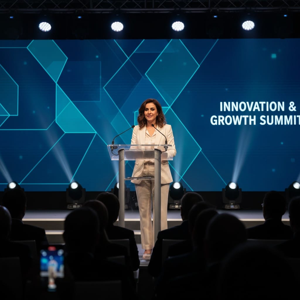 petite middle_eastern woman conference presentation speaking 62582106