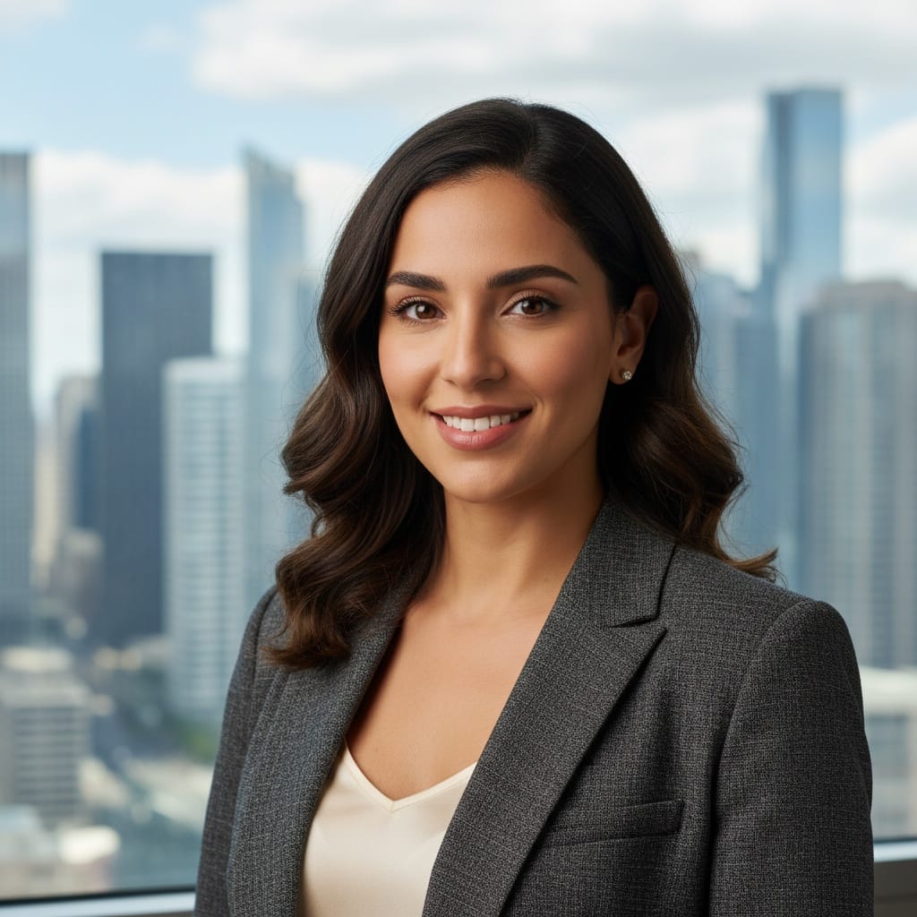 petite middle_eastern woman confident city skyline backdrop 24475440