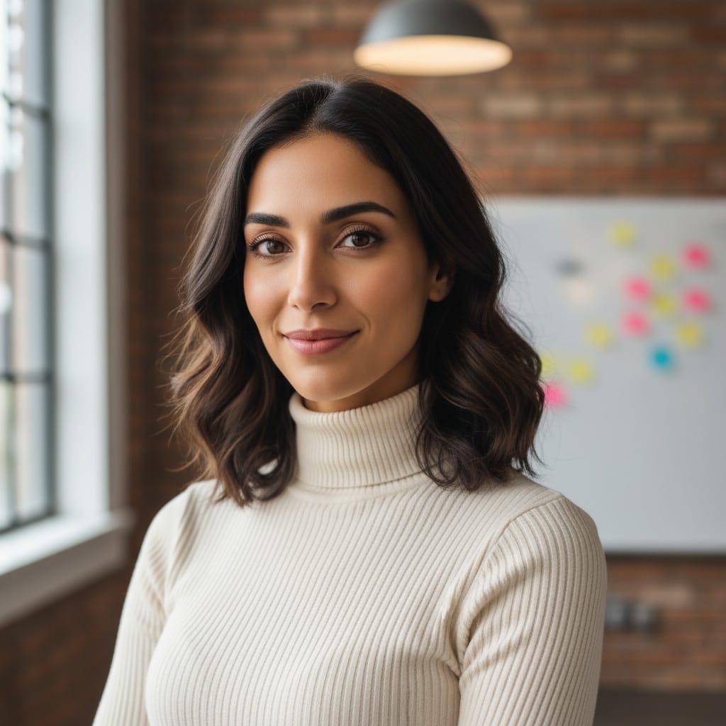 petite middle_eastern woman creative workspace backdrop 60456610