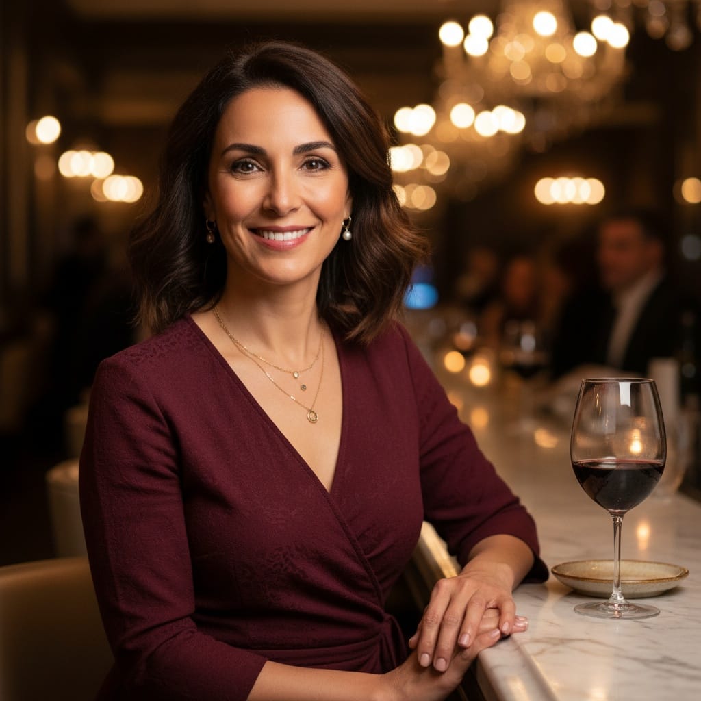 petite middle_eastern woman elegant wine bar setting 16410918