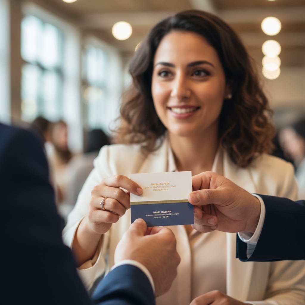 petite middle_eastern woman exchanging business cards 61868828