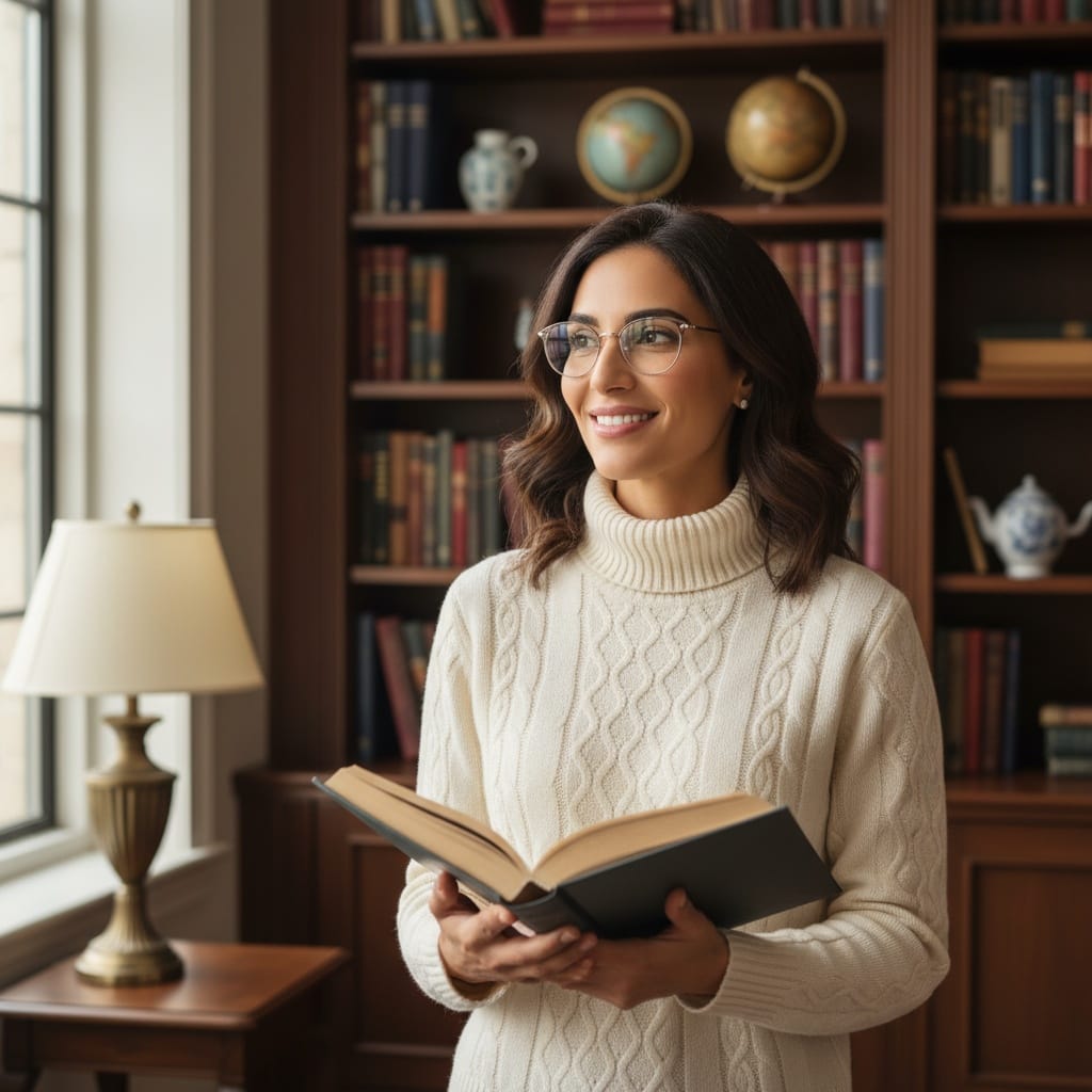 petite middle_eastern woman home library intellectual 91202390