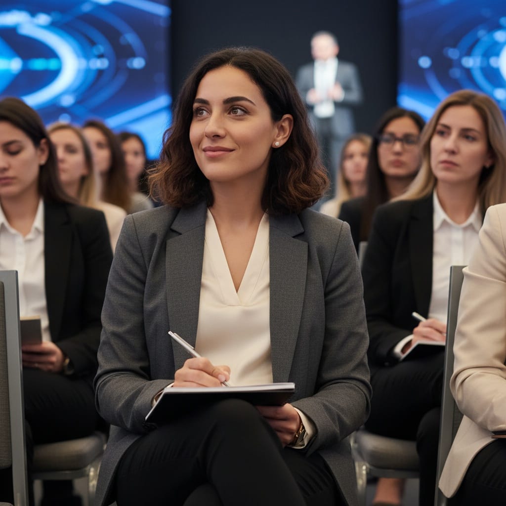 petite middle_eastern woman keynote audience listening 21087399
