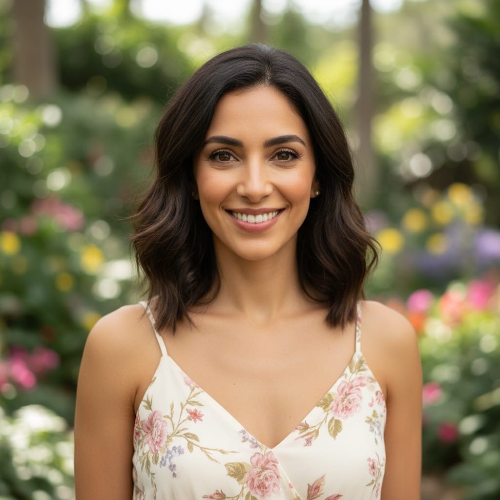 petite middle_eastern woman outdoor garden natural beauty 71495519