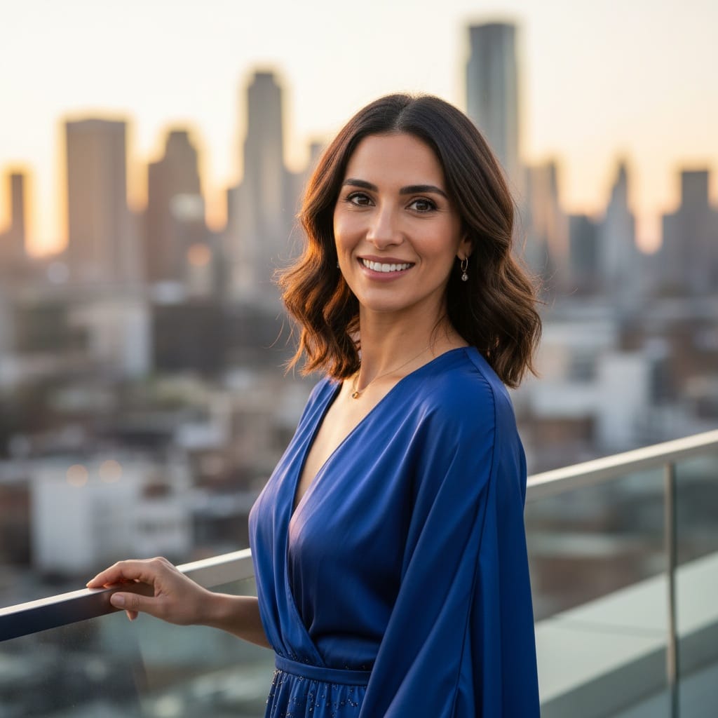 petite middle_eastern woman rooftop terrace urban chic 18296963