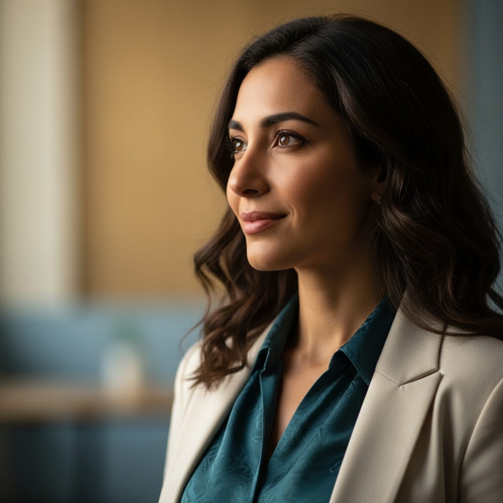 petite middle_eastern woman side angle thoughtful profile 18165382