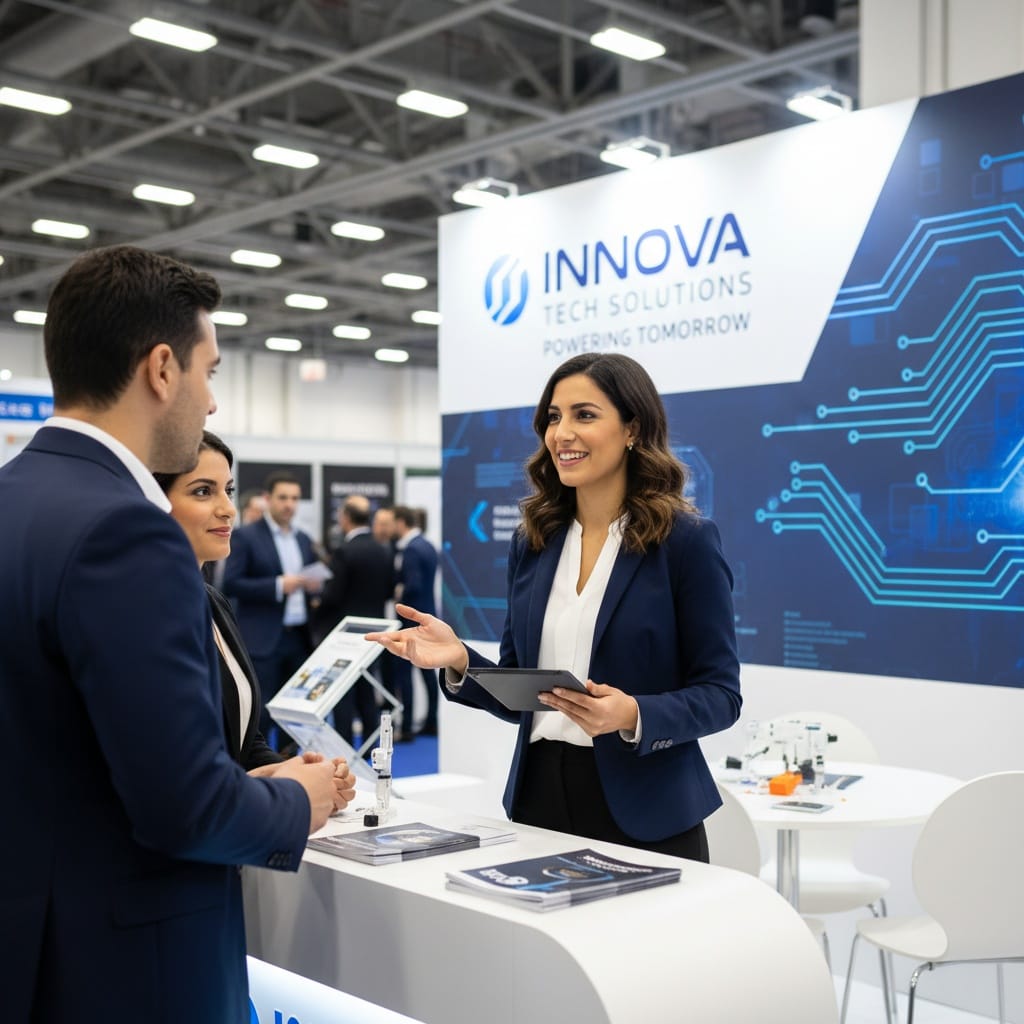 petite middle_eastern woman trade show booth engagement 57550144