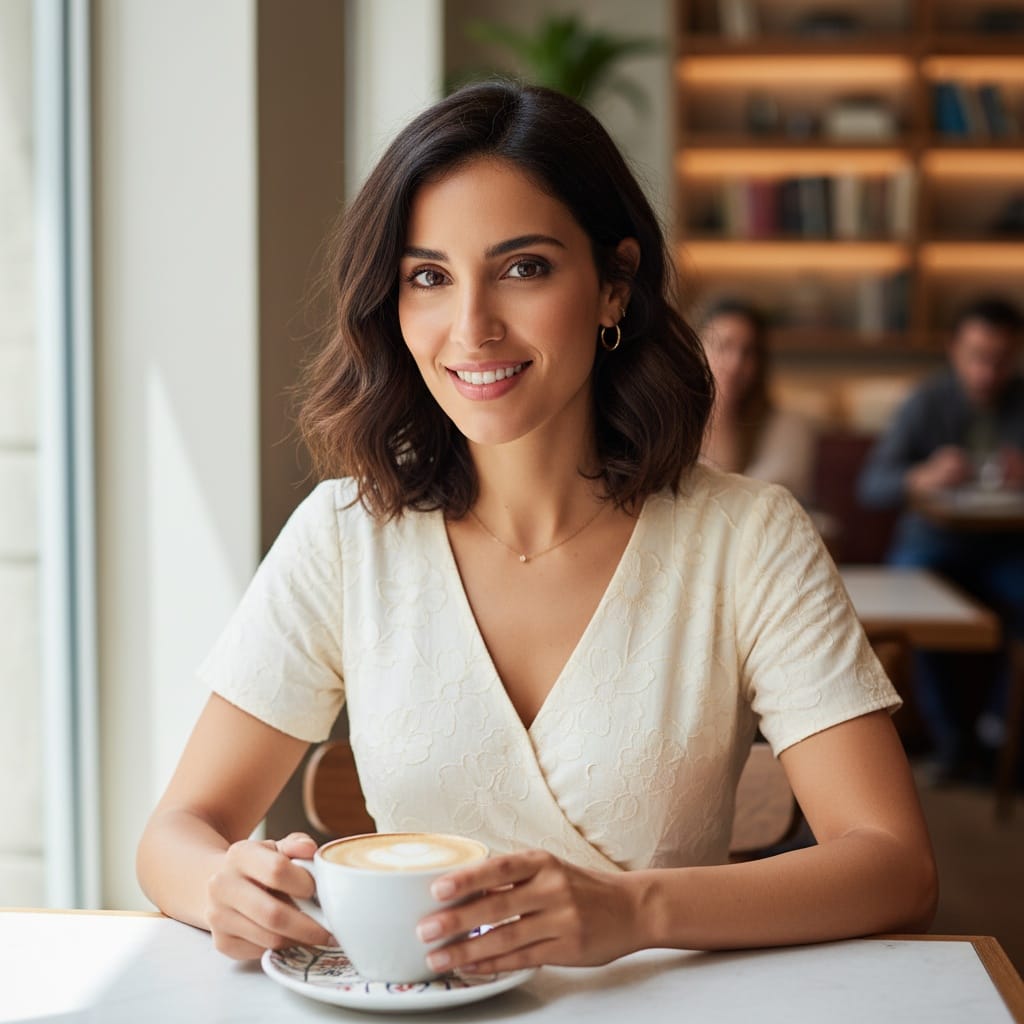 petite middle_eastern woman upscale cafe casual chic 44733870