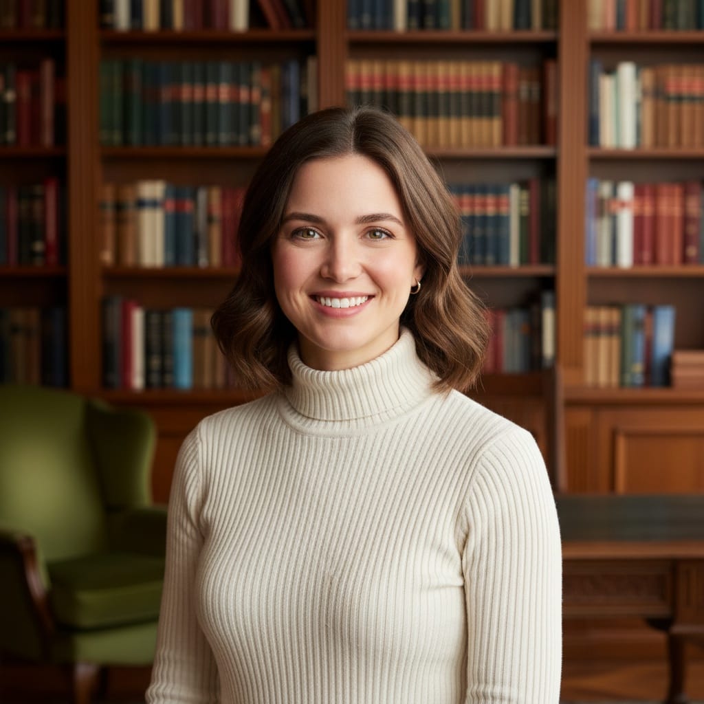 petite white woman bookshelf intellectual background 83754210