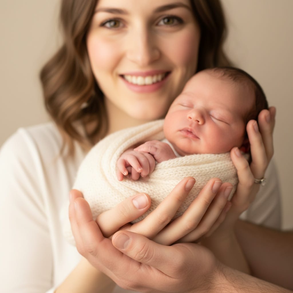 petite white woman newborn close up with parent hands 30053949